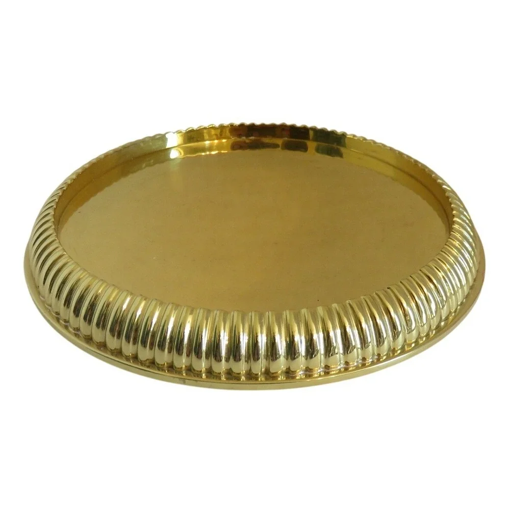 PartyLite Gold Brass Round Ribbed Edge Candle Tray Pillar Base 7.25" - Picture 2 of 4